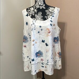 Floral Sleeveless Top - White and Blue